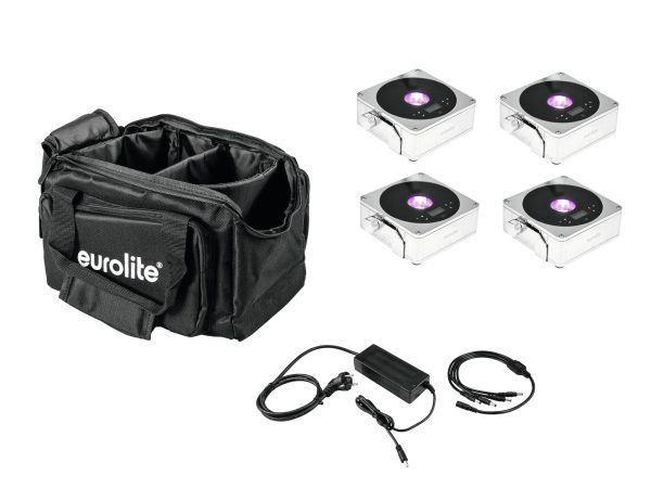 EUROLITE Set 4x AKKU IP Flat Light 1 chrome + Soft-Bag + Charger