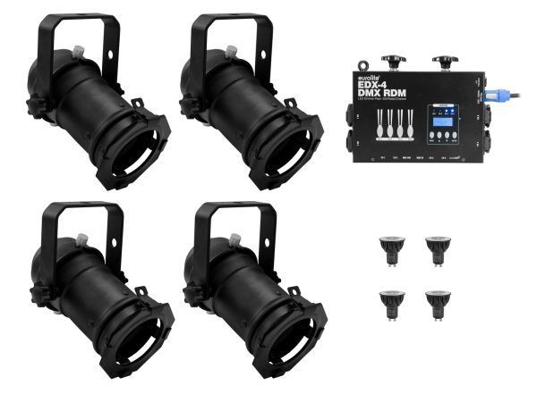 PAR-16 spotlámpa szett EUROLITE Set 4x PAR-16 Spot bk dim2warm + EDX-4 DMX RDM LED Dimmer pack