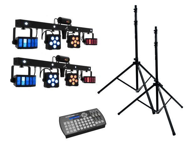kompakt LED fényszett állvánnyal EUROLITE Set 2x LED KLS Laser Bar PRO + Easy Show + 2x M-4 Speaker-System Stand
