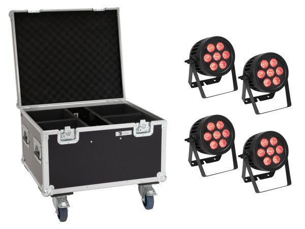 Kültéri PAR Spotlámpa RGBW EUROLITE Set 4x LED IP PAR 7x8W QCL Spot + Case with wheels