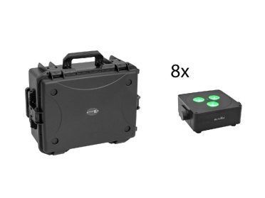 EUROLITE Set 8x AKKU IP Flat Light 3 bk + Plastic case with trolley