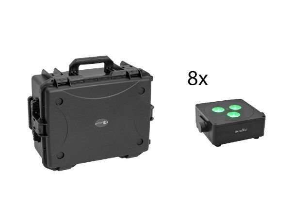 EUROLITE Set 8x AKKU IP Flat Light 3 bk + Plastic case with trolley