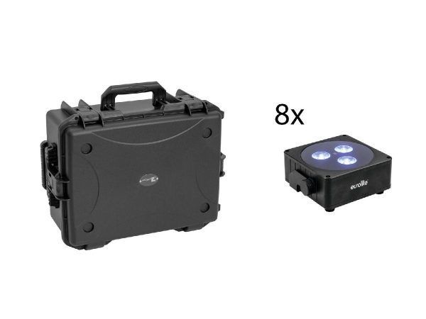 EUROLITE Set 8x AKKU Flat Light 3 bk + Plastic case with trolley